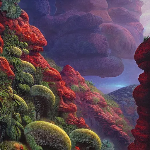 Image similar to digital painting of a lush natural scene on an alien planet by gerald brom. digital render. detailed. beautiful landscape. colourful weird vegetation. cliffs and water.