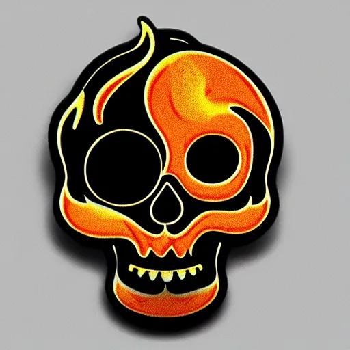 Image similar to a retro vintage minimalistic smiling skull with fire flame enamel pin, hd, concept art