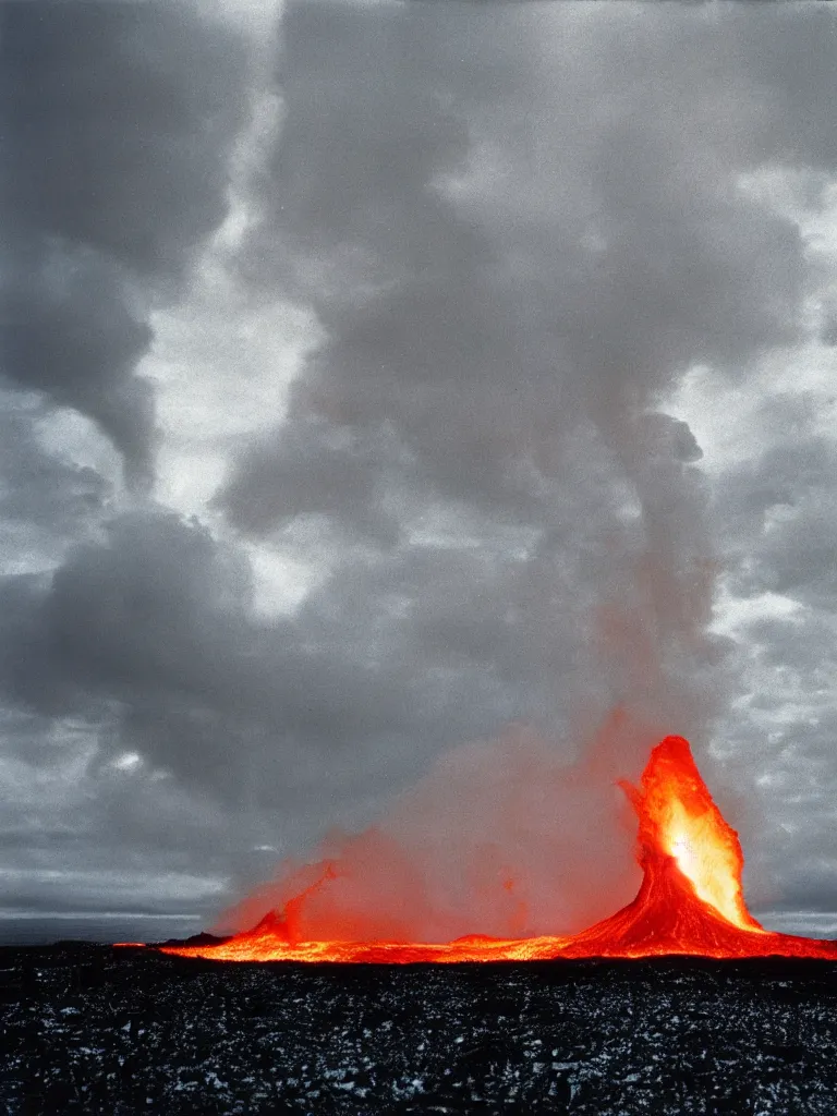 Prompt: An Icelandic Volcano violently spewing a rocket of lava into space, dark background, photograph by William Eggleston