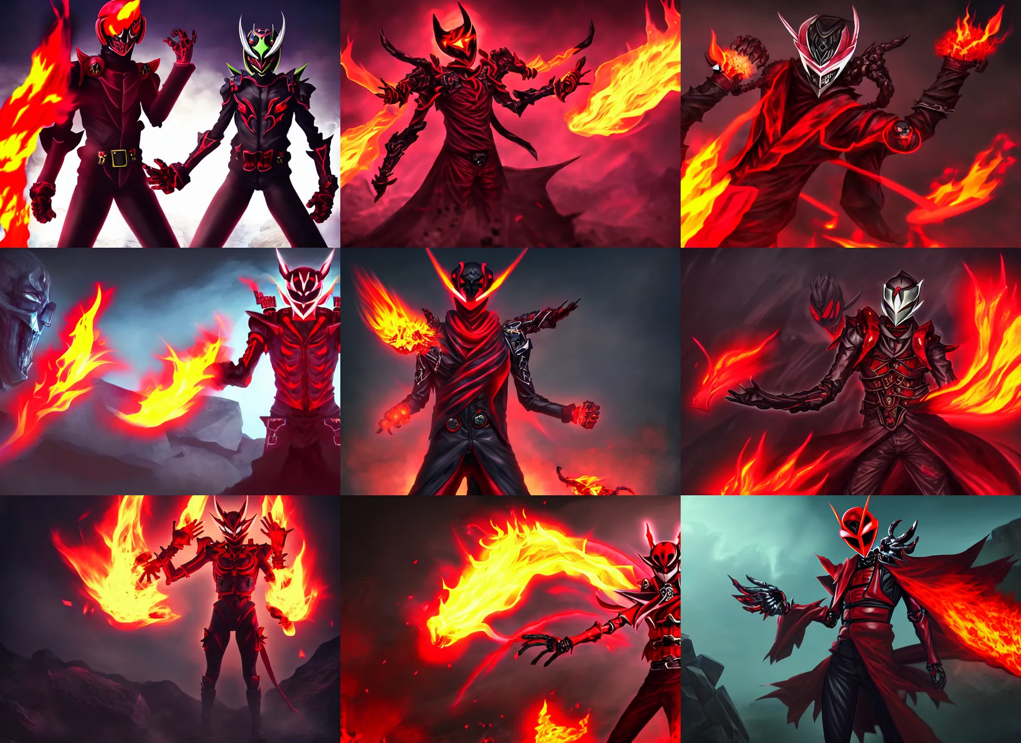 Prompt: Demonic Kamen Rider with a red scarf made of fire billowing behind him and Skull Gauntlets on his hands standing in a rock quarry, full body single character, League of Legends Character Splash Art, high quality, 4k, concept art, illustration, rubber suit, Arcane style, value control,