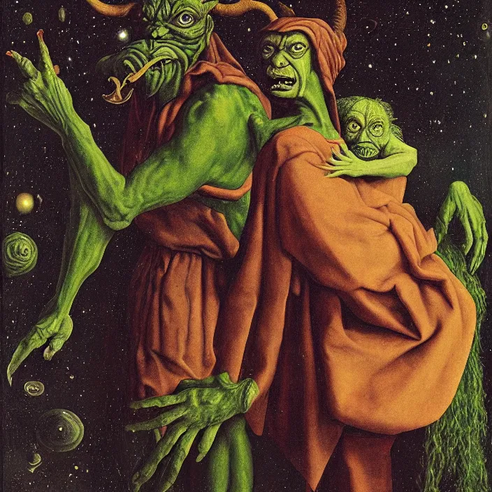 Image similar to a green-horned goblin monster holding a crying woman in a nebula, by Jan van Eyck