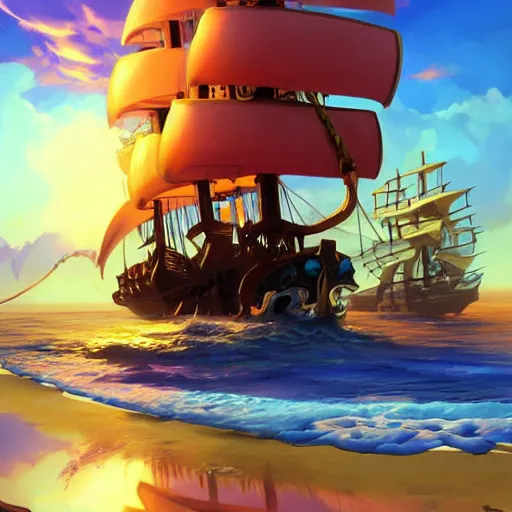 Prompt: sunny's pirate ship from one piece, cgsociety, fantasy art, 2 d game art, concept art, heavenly lighting, retrowave, behance hd, concept art by jesper ejsing, by rhads, makoto shinkai cyril rolando, madgwick