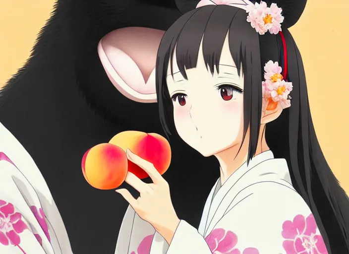 Prompt: anime portrait painting of a girl wearing a kimono giving a peach to a large anthropomorphic asian black bear, featured in artstation, artgerm, octane render, award winning, cinematic, elegant, intricate, 8 k, close up, in the style of studio ghibli and heikala and alphonse mucha,