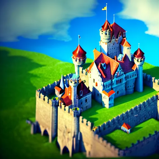 Prompt: Isometric 3D Fantasy Cute Castle, Smoth 3D Illustration, Whimscal!!, Cinematic Matte Painting, soft render, Daniil Kudriavtsev, handpaint texture, Blender, 3DCoat