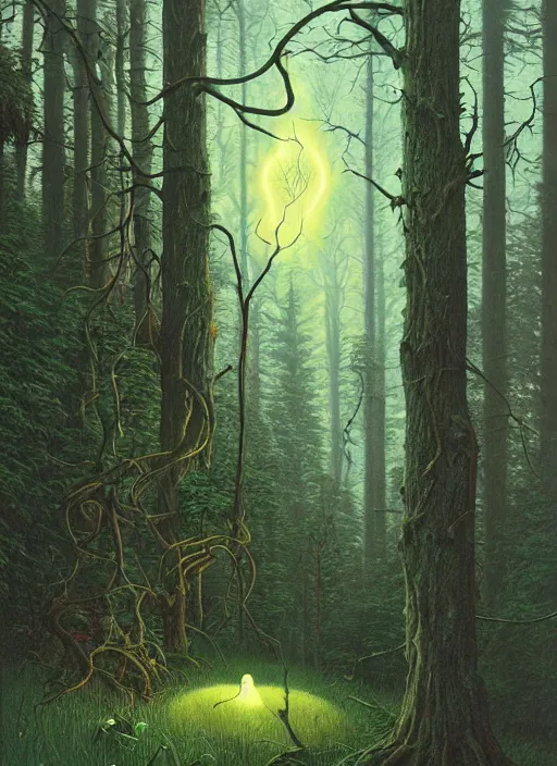 Image similar to hyper realistic witch modem with mood lighting and tech in the woods gorgeous lighting, blue sky, highly detailed, lush forest foliage painting by zdzisław beksinski and norman rockwell and greg rutkowskiweta studio, and lucasfilm