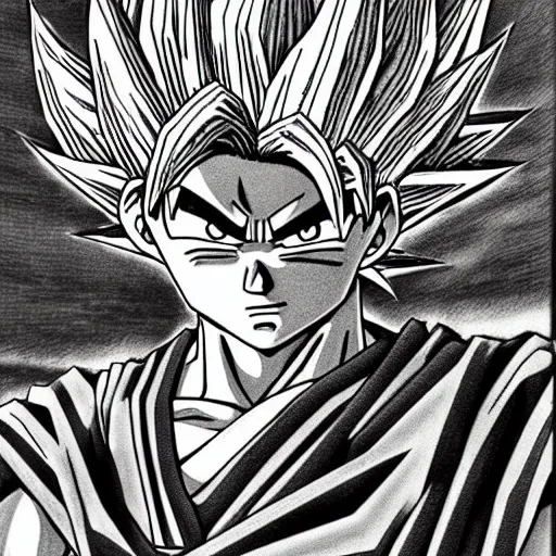 Prompt: Goku by Kentaro Miura, black and white paper sketch, dark fantasy,