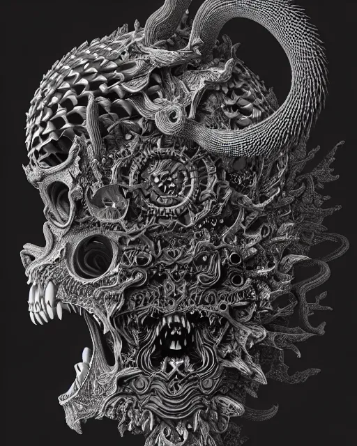 Image similar to 3 d ornate carved dark junji ito with profile portrait, sigma 5 0 0 mm f / 5. beautiful intricate highly detailed quetzalcoatl skull. bioluminescent, plasma, lava, ice, water, wind, creature, thunderstorm! artwork by tooth wu and wlop and beeple and greg rutkowski, 8 k trending on artstation