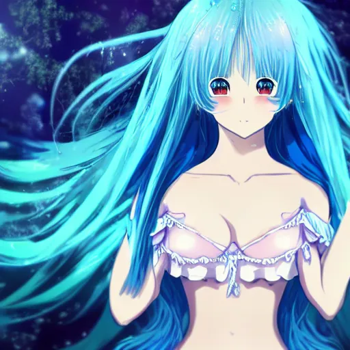 Image similar to a very beautiful anime girl wearing a dress made of water standing in a crystal lake , full body, long white hair with azure blue highlights blending into the dress , azure blue watery eyes, full round face, in a bath, seductive over the shoulder glances , lens flare, cinematic lighting, medium shot, mid-shot, highly realistically detailed, trending on pixiv , Unreal Engine 4k, Stanley Artgerm Lau, WLOP, Rossdraws, James Jean, Andrei Riabovitchev, Marc Simonetti, and Sakimichan