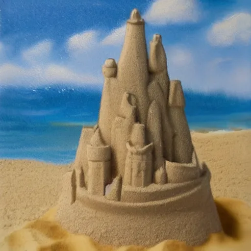 Image similar to sand castles by the sea, by bob ross,