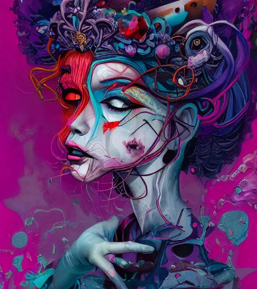 Prompt: dark, most beautiful young queen of chaos, mixed media, a brutalist designed, vivid colours, cryptic, mystical, pop surrealism by james jean, roby dwi antono, ross tran, steven kenny, paul neberra, ashley wood, glitch, atmospheric, trending on artstation. behance, 8 k masterpiece.