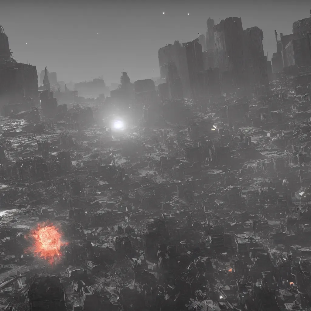 Prompt: a highly detailed atomic bomb detonated above the city, 8 k, chaotic atmopshere, unreal engine, cinematic, touching, very detailed