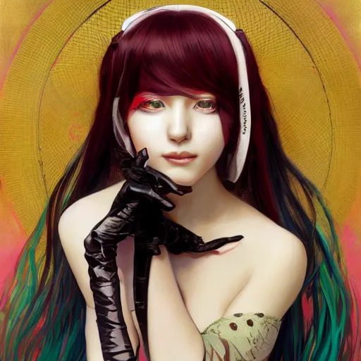 Image similar to a beautiful portrait of hatsune miku with long black and deep red colored hair dressed as a 1 9 7 0 s gogo dancer, intricate, elegant, highly detailed, digital painting, artstation, concept art, matte, sharp focus, illustration, art by greg rutkowski and alphonse mucha