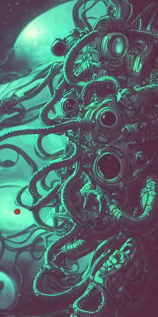 Image similar to eldritch astronaut with tentacles, retrofuturism, atompunk, dynamic composition, dramatic lighting, hyperrealistic, ultra detailed, nitro colors