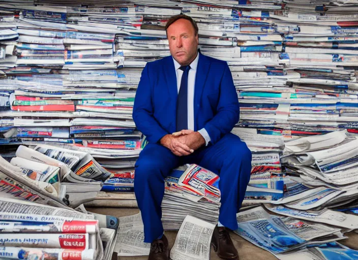 Prompt: dslr photo still of alex jones in a blue suit sitting depressed in a room filled to the ceiling with newspapers, 5 2 mm f 5. 6