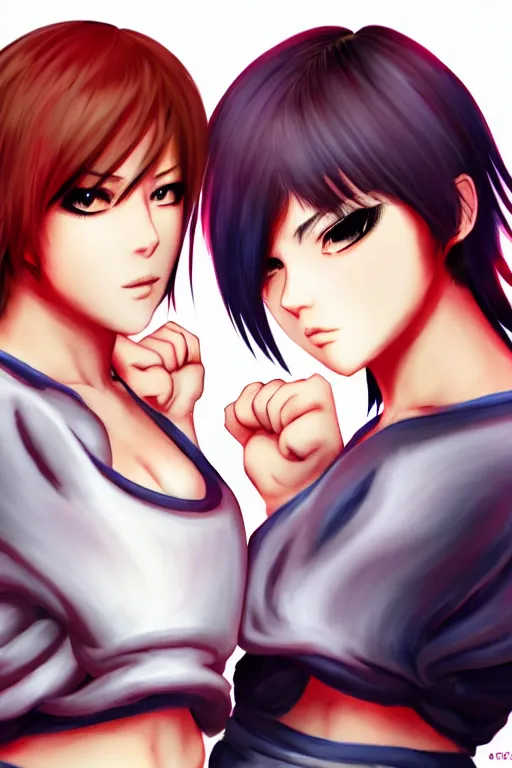 Prompt: two beautiful female fighters with short hair facing each other, gorgeous features, high definition, sharp focus, detailed anime art