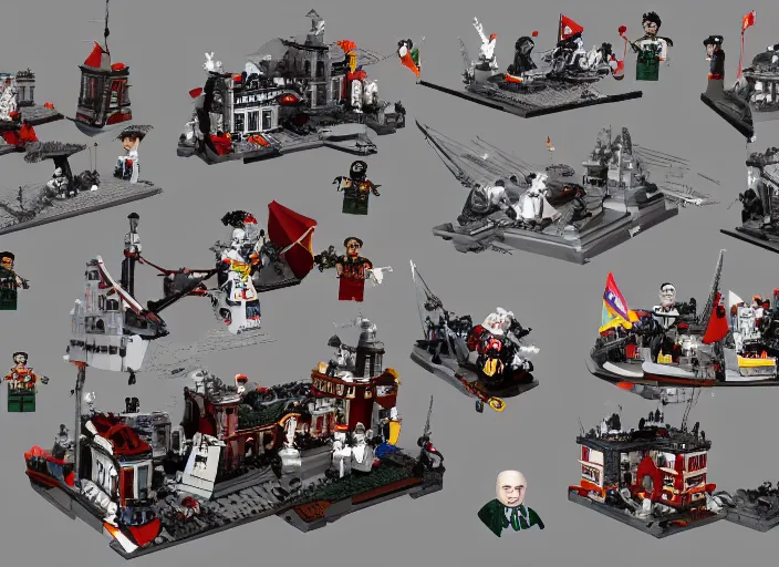 Image similar to hyper detailed stalin, lenin, revolutionary sailors together taking winter palace from bourgeoisie as lego characters, unreal engine 5, lumen, nanite, dslr