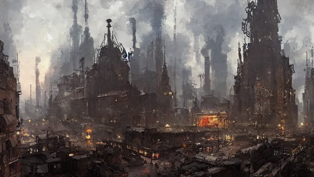 Image similar to russian revolution dieselpunk 1 9 1 0 cityscape, painting by greg rutkowski, craig mullins, levitan, rozalski