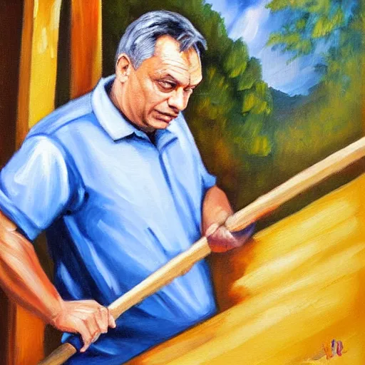 Image similar to viktor orban building a house, oil painting