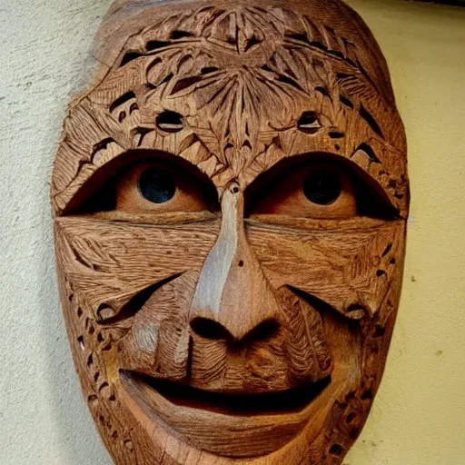 Image similar to an intricate face carved out of wood