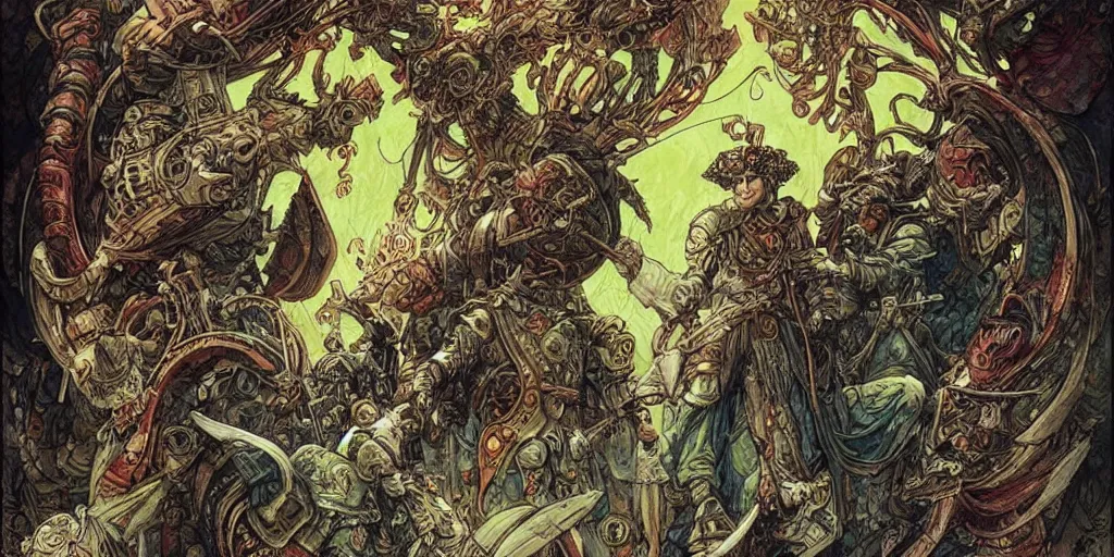 Prompt: “ parade of ornate warriors, dieselpunk : : epic : : cinematic : : watercolour : : art nouveau : : poster style : : by paul pope : : brian froud : : moebius : : travis charest : : gustave dore ”