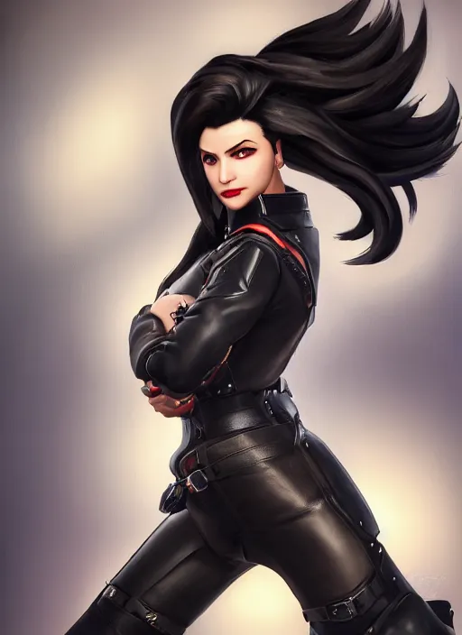 Prompt: overwatch style oil painting portrait of as woman with black hair and a leather jacket, confident pose, 4 k, expressive surprised expression, makeup, wearing sleek armor, studio lighting, black leather harness, expressive detailed face and eyes,