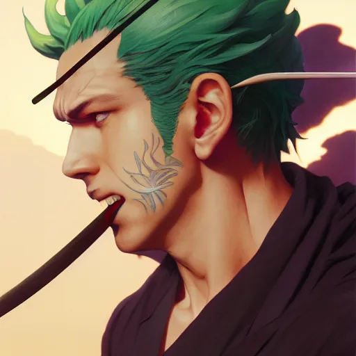 Prompt: highly detailed vfx portrait of roronoa zoro, stephen bliss, green hair, loish, rhads, beeple, makoto shinkai, tom bagshaw, alphonse mucha, sharp focus, art by artgerm and greg rutkowski, stanley kubrick, backlit, harsh overhead sunlight,