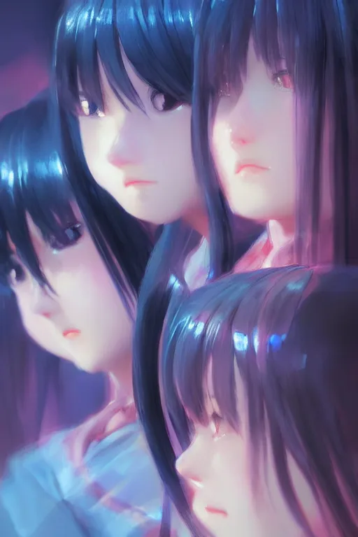 Prompt: 3d infrared octane render concept art by Mo Xiang Tong Xiu, by Igarashi Daisuke, by makoto shinkai. beauty cozy portrait anime sad schoolgirls under dark pink and blue tones, mirror. light rays. deep water bellow. beautiful and cutest sad face. dramatic deep light, trending on artstation, oil painting brush