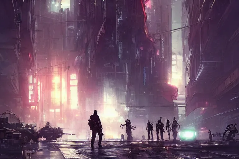 Image similar to The steampunk detective wearing a red tie is walking through a futuristic city locked down under military martial law, lightning in the distance, armed soldiers patrol the streets, cyberpunk theme, hyperdetailed artstation, concept art, sci-fi illustration, digital art, by Greg Rutkowski, by Stephan Martiniere