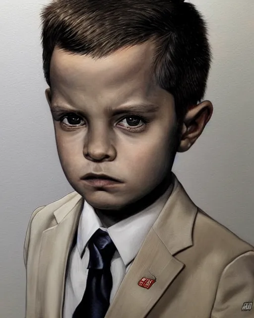 Prompt: portrait of a 7 year old child, gritty, serious, wearing a suit, very detailed eyes, hyperrealistic, beautiful, very detailed painting by Glenn Fabry, by Joao Ruas, by Artgerm