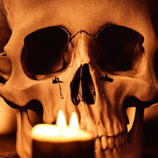 Image similar to a skull in a dark dungeon lit only by candle light, dslr photo, cinematic lighting, shallow depth of field