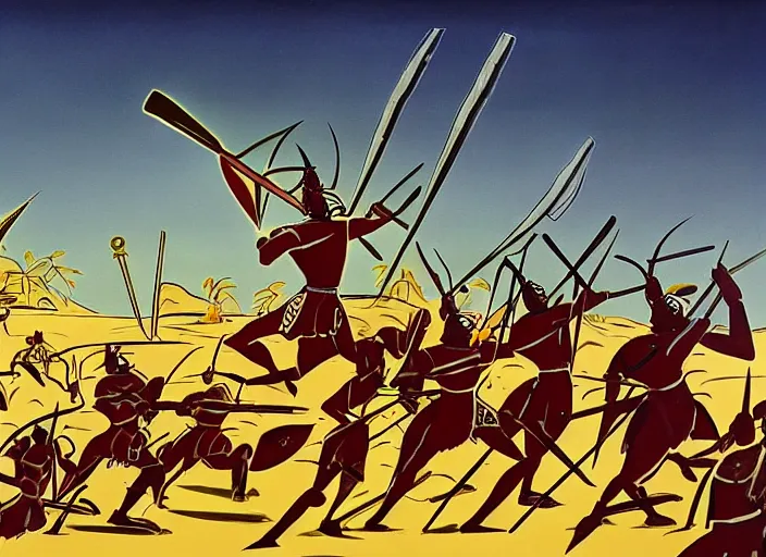 Prompt: trojan warriors in battle versus the us army in the style of artist eyvind earle