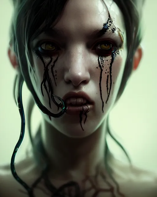 Image similar to Beautiful art portrait of a venom symbiont girl, atmospheric lighting, intricate detail, cgsociety, hyperrealistic, octane render, RPG portrait, ambient light, dynamic lighting