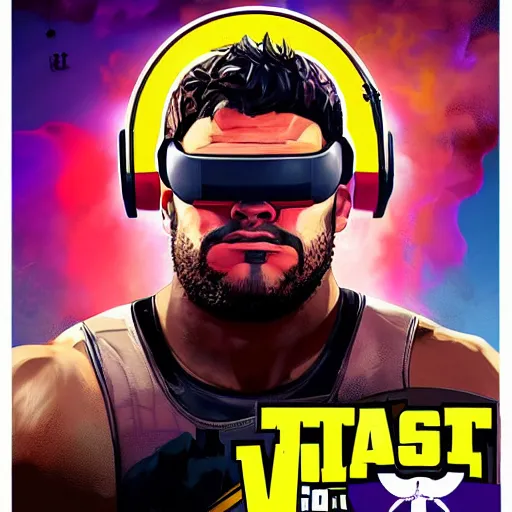 Prompt: cinematic poster art of wrestlers wearing vr headsets, gta cover, apex legends, tap out, halo, fortnite, ufc, digital illustration by basil gogos