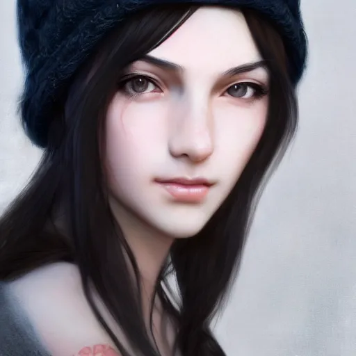 Image similar to a black haired girl wearing a beanie, digital art, 8 k resolution, unreal engine, highly detailed, pretty face, very beautiful face, very detailed eyes, photorealistic by wlop, greg rutkowski