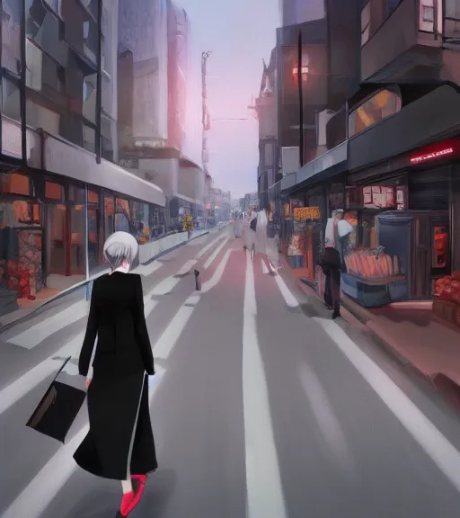 Prompt: a girl in a business is walking in the middle of the street, she has a red necktie and grey hair, digital painting, art by tran ross, anime art, artstation, hd, smooth