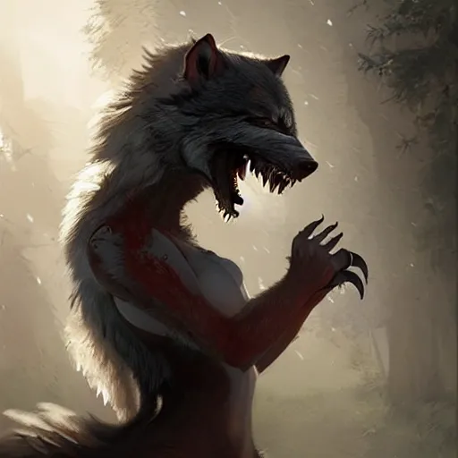 Prompt: very beautiful asian girl becoming a ferocious werewolf, large teeth, epic digital painting, art by greg rutkowski and raymond swanland, extreme detail