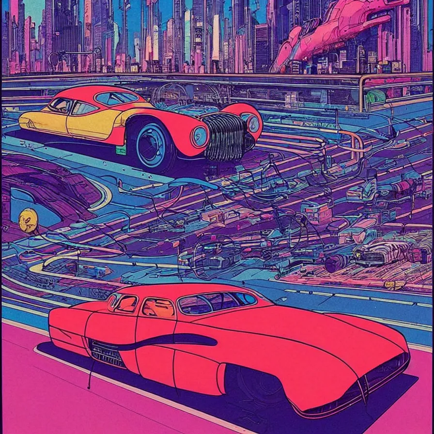 Prompt: ( ( ( ( 1 9 5 0's classic car driving on cyberpunk highway ) ) ) ) by mœbius!!!!!!!!!!!!!!!!!!!!!!!!!!!, overdetailed art, colorful, artistic record jacket design