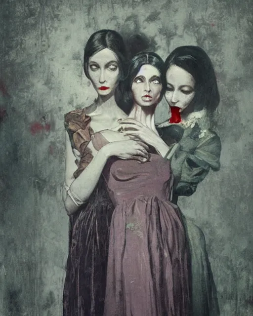 Prompt: a beautiful and eerie baroque painting of two beautiful but creepy siblings wearing vivienne westwood dresses in layers of fear, with haunted eyes and dark hair, 1 9 6 0 s, sixties, wallpaper, a little blood, morning light showing injuries, delicate embellishments, painterly, offset printing technique, by brom, robert henri, walter popp