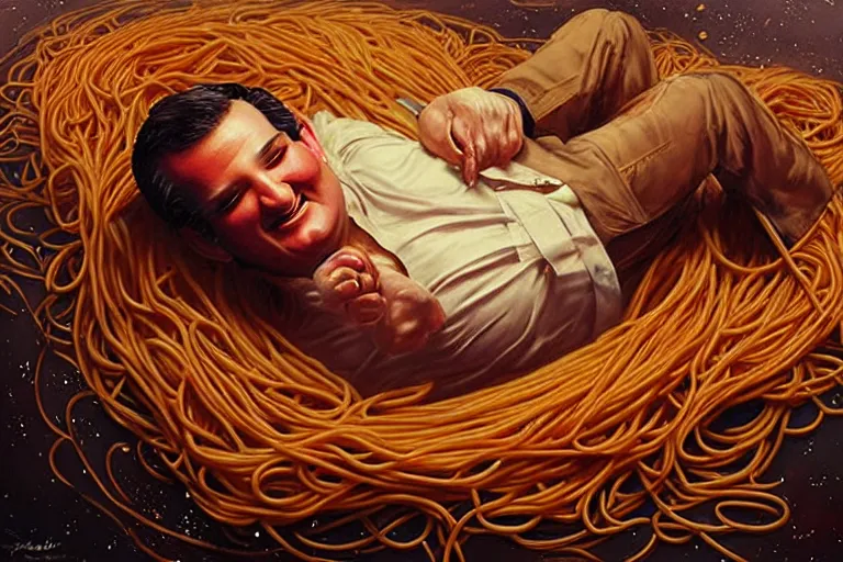 Image similar to portrait of ted cruz rolling around in spaghetti, an oil painting by ross tran and thomas kincade