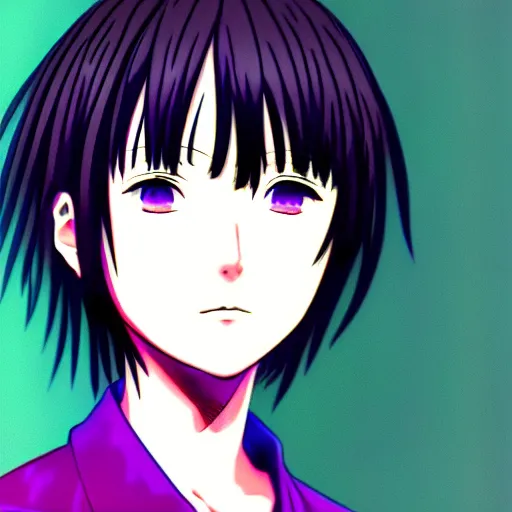 Image similar to headshot anime portrait of lain iwakura, vaporwave