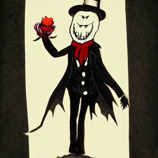 Image similar to a Pop Wonder scary horror themed goofy-hilarious-character Jack-Frost-Babadook-scarecrow-madhatter-williewonka-wearing a scarf with RED-Eyes, 3-piece-suit, dime-store-comic drawn with charcoal and pen and ink, half-tone-line-stacking