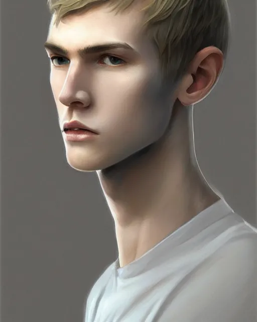 Image similar to portrait of 1 5 - year - old boy, a tall, slender boy with a pale, pointed face, sleek blond hair, and ice grey eyes, cold grey eyes, highly detailed, digital painting, artstation, concept art, smooth, sharp focus, illustration, art by artgerm and greg rutkowski and alphonse mucha