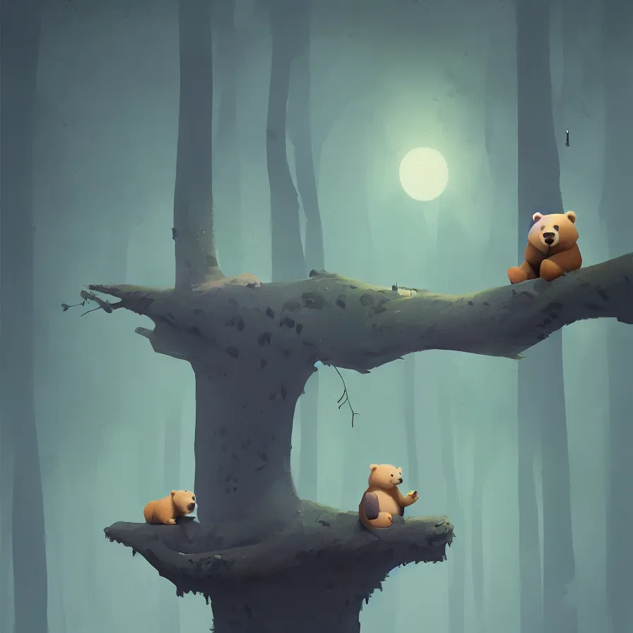 Prompt: A single bear, solitary, without anyone else, is clinging to a wooden trunk that is floating on a river that crosses the jungle, the river is dark blue with stones, art by Goro Fujita, ilustration, concept art, sharp focus, ArtStation, Deviantart