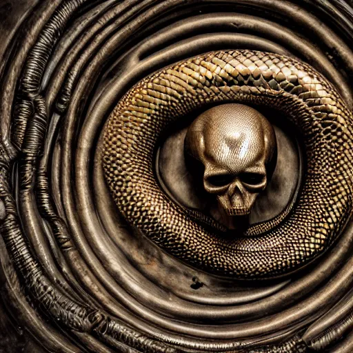 Prompt: giant and oversized coiled snake with a metallic skull as the head, room interior, dark fantasy, XF IQ4, f/1.4, ISO 200, 1/160s, 8K, RAW, unedited, symmetrical balance, in-frame