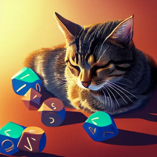 Prompt: tabby cat lying in a sunbeam, the cat is next to a pile of D&D polyhedral dice, the cat is sleeping, Artstation, cozy, golden hour