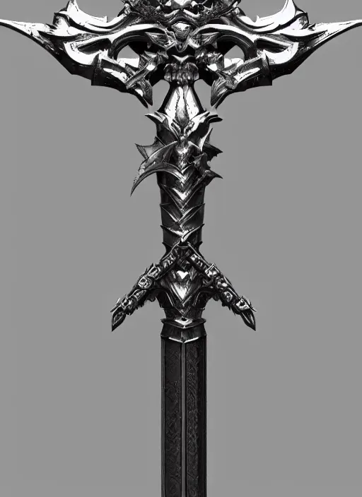 Image similar to a black and silver sword skull crest, orthographic, ornament, weapon, a 2 d render by dom qwek, front side, concept art, trending on polycount, artstation, hard surface modeling, rendered in maya, zbrush, hd, vray, blizzard, symmetry