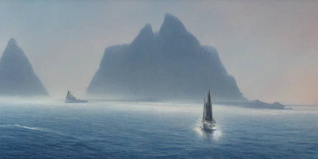 Image similar to close up of a huge ferry sailing in the sea with a vertical island in the far back, misty morning, ralph maquarrie and syd mead cinematic matte painting, 4 k