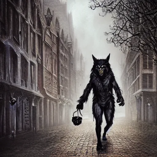 Prompt: terrifying werewolf walking through the center of old london city, oil painting, gloomy misty atmosphere, symmetrical, full body image, highly ornate intricate details, very sharp photo,