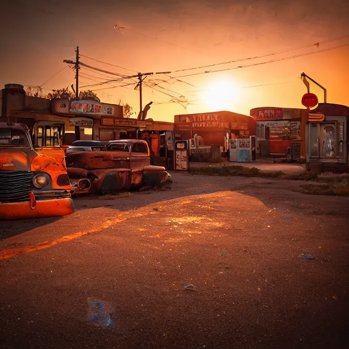 Image similar to a sunset light landscape with historical route 6 6, lots of sparkling details and sun ray ’ s, blinding backlight, smoke, volumetric lighting, colorful, octane, 3 5 mm, abandoned gas station, old rusty pickup - truck, beautiful epic colored reflections, very colorful heavenly, softlight