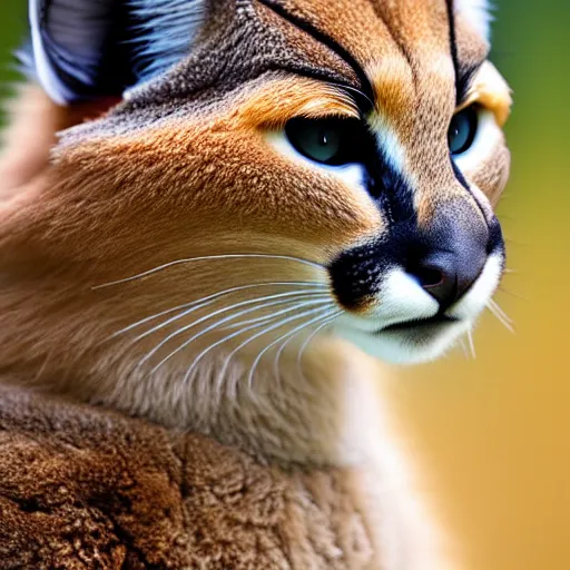 Prompt: a photo of cute fluffy caracal wearing toga, close up portrait, studio photography, 8 k